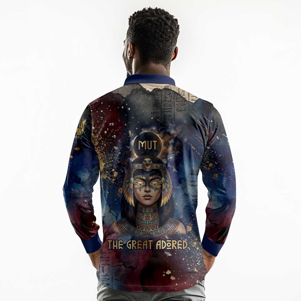 Mut Long Sleeve Polo Shirt The Lioness of Thebes Egyptian Goddess Cosmic Crown Adorned Warrior Queen Design