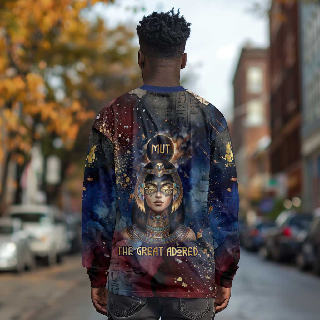 Mut Long Sleeve Shirt The Lioness of Thebes Egyptian Goddess Cosmic Crown Adorned Warrior Queen Design