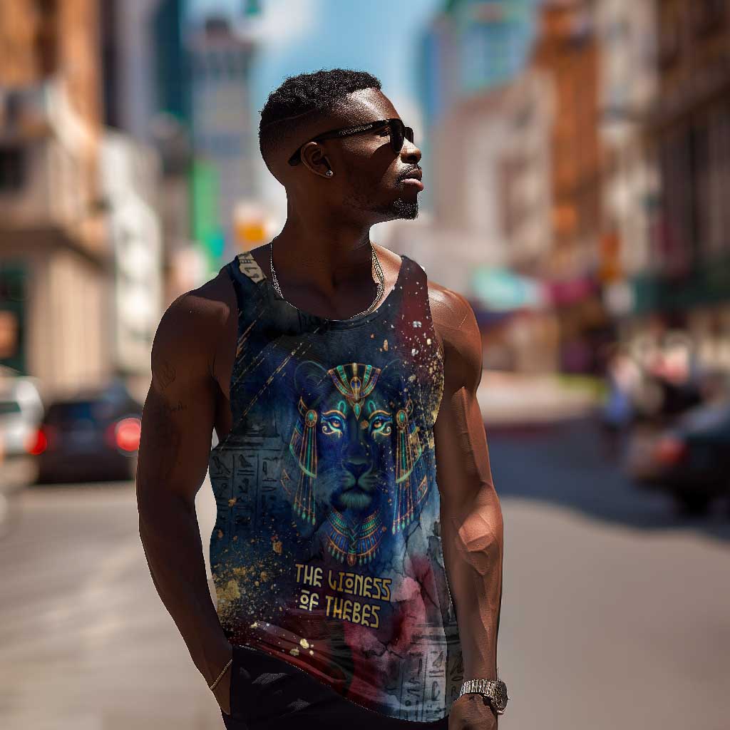 Mut Men Tank Top The Lioness of Thebes Egyptian Goddess Cosmic Crown Adorned Warrior Queen Design
