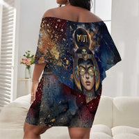 Mut Off Shoulder Short Dress The Lioness of Thebes Egyptian Goddess Cosmic Crown Adorned Warrior Queen Design