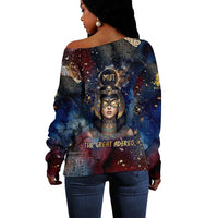 Mut Off Shoulder Sweater The Lioness of Thebes Egyptian Goddess Cosmic Crown Adorned Warrior Queen Design