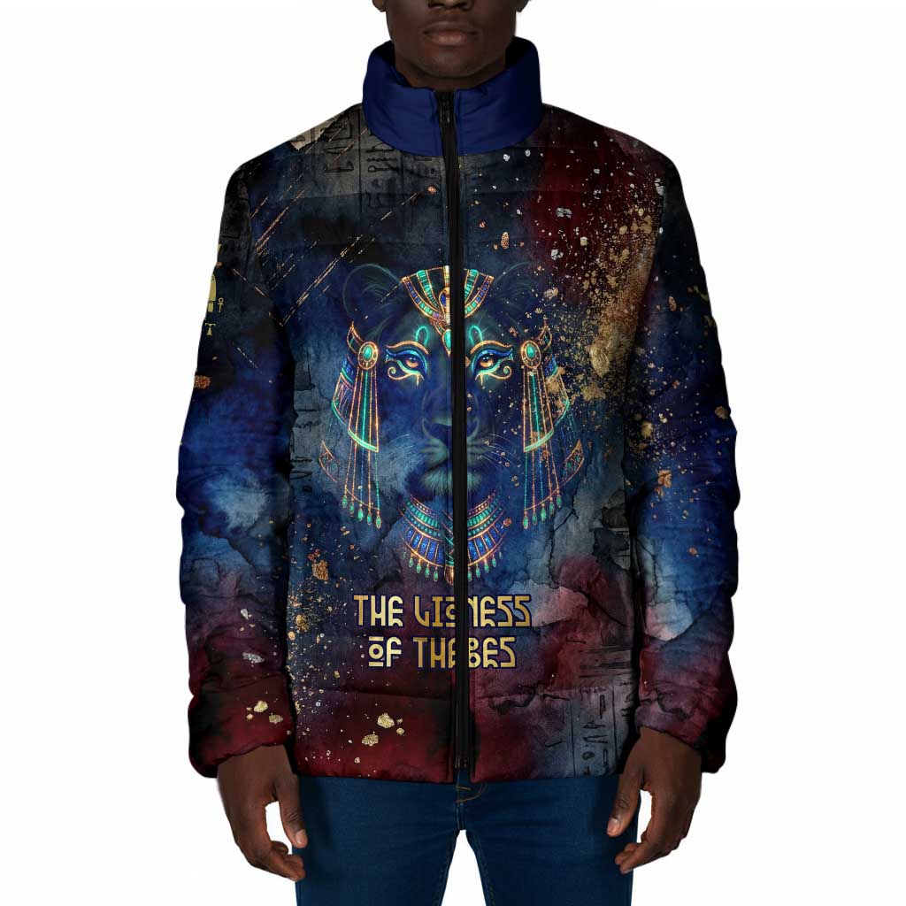 Mut Padded Jacket The Lioness of Thebes Egyptian Goddess Cosmic Crown Adorned Warrior Queen Design