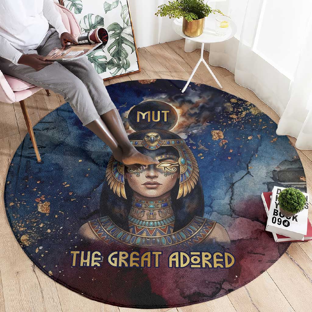 Mut Round Carpet The Lioness of Thebes Egyptian Goddess Cosmic Crown Adorned Warrior Queen Design