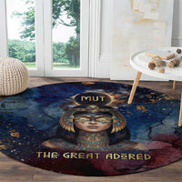 Mut Round Carpet The Lioness of Thebes Egyptian Goddess Cosmic Crown Adorned Warrior Queen Design
