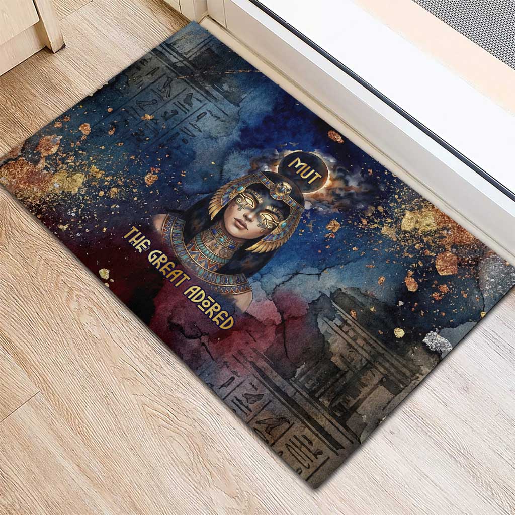 Mut Rubber Doormat The Lioness of Thebes Egyptian Goddess Cosmic Crown Adorned Warrior Queen Design