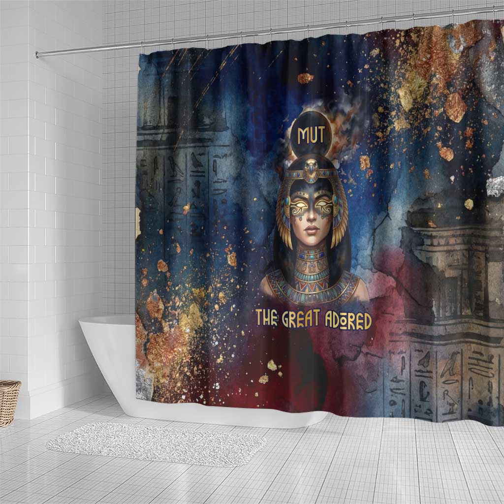 Mut Shower Curtain The Lioness of Thebes Egyptian Goddess Cosmic Crown Adorned Warrior Queen Design