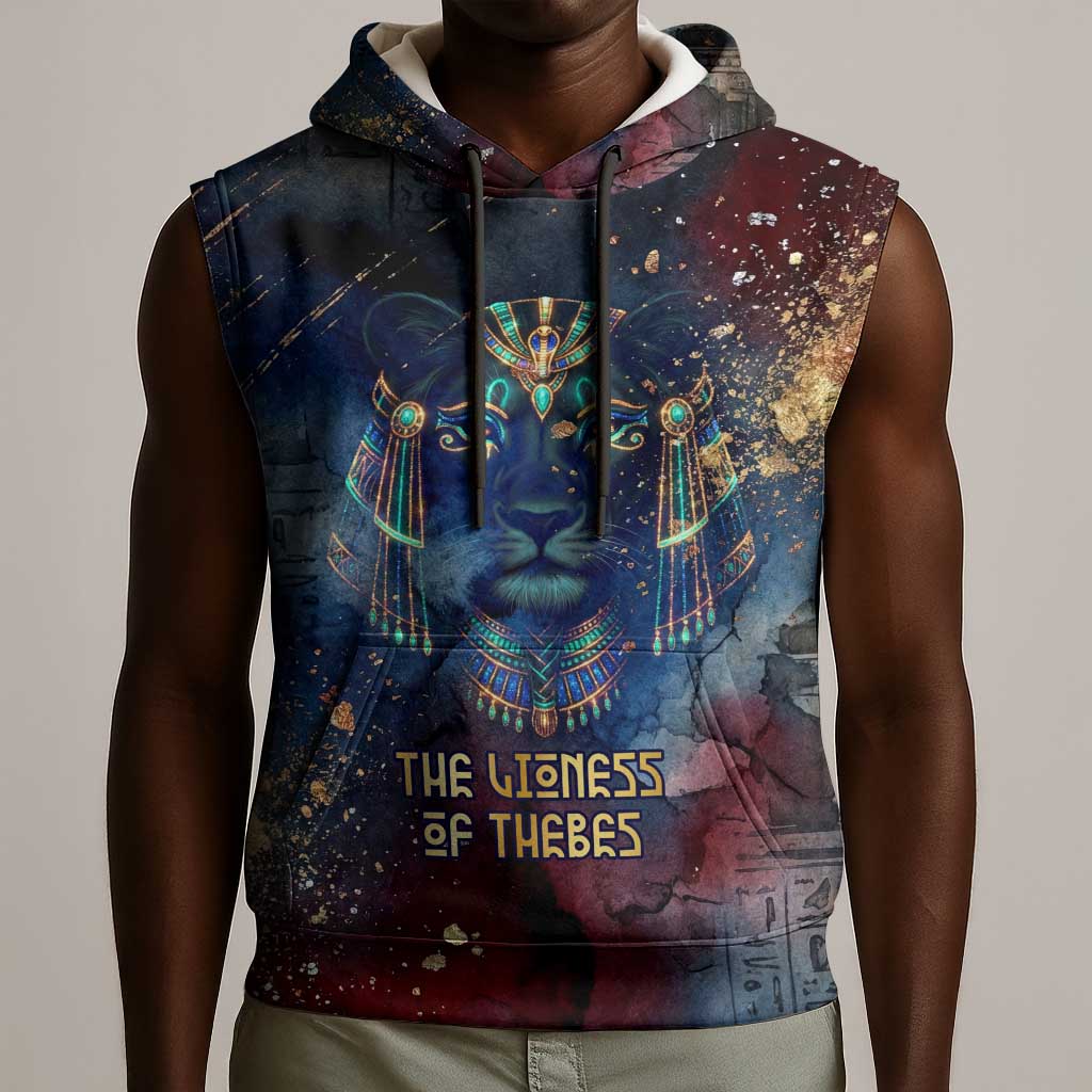 Mut Sleeveless Hoodie The Lioness of Thebes Egyptian Goddess Cosmic Crown Adorned Warrior Queen Design