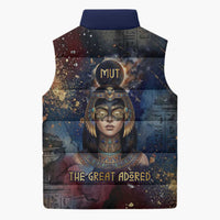 Mut Sleeveless Puffer Jacket The Lioness of Thebes Egyptian Goddess Cosmic Crown Adorned Warrior Queen Design