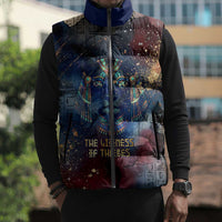 Mut Sleeveless Puffer Jacket The Lioness of Thebes Egyptian Goddess Cosmic Crown Adorned Warrior Queen Design