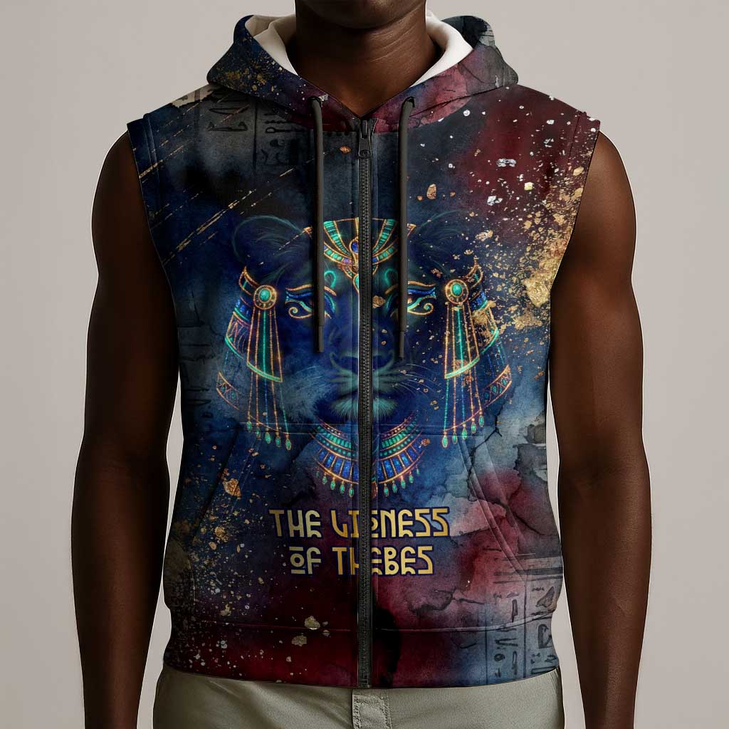 Mut Sleeveless Zip Hoodie The Lioness of Thebes Egyptian Goddess Cosmic Crown Adorned Warrior Queen Design