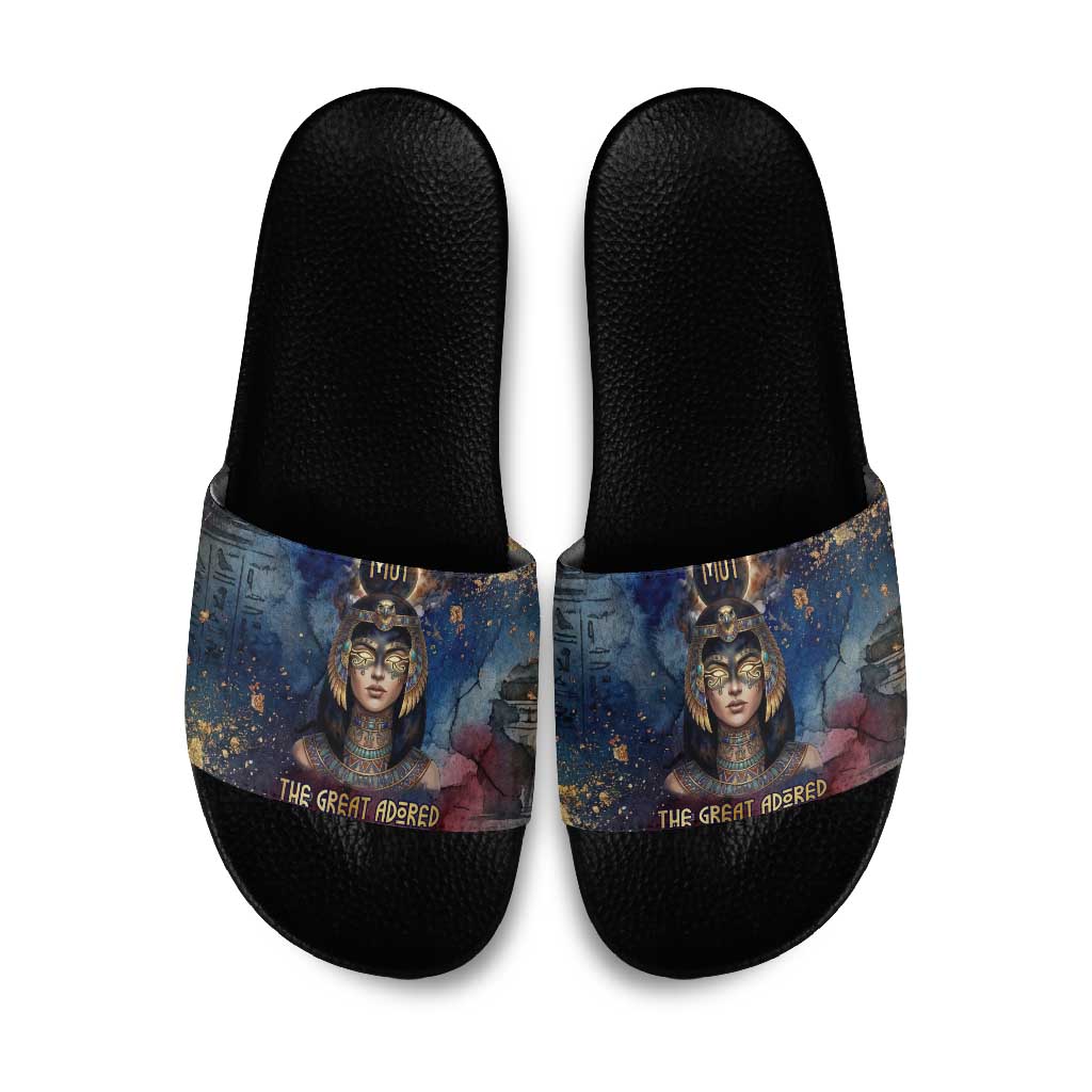 Mut Slide Sandals The Lioness of Thebes Egyptian Goddess Cosmic Crown Adorned Warrior Queen Design