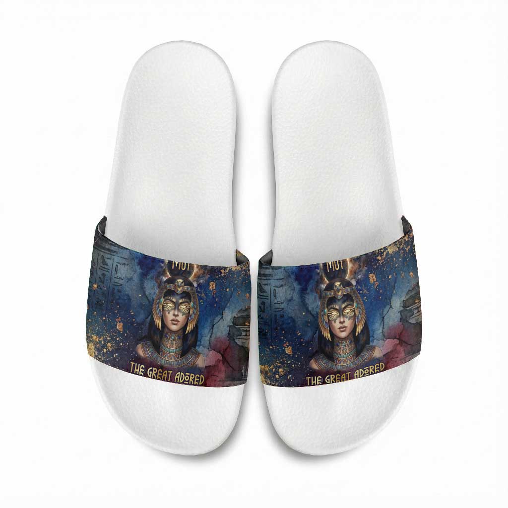Mut Slide Sandals The Lioness of Thebes Egyptian Goddess Cosmic Crown Adorned Warrior Queen Design