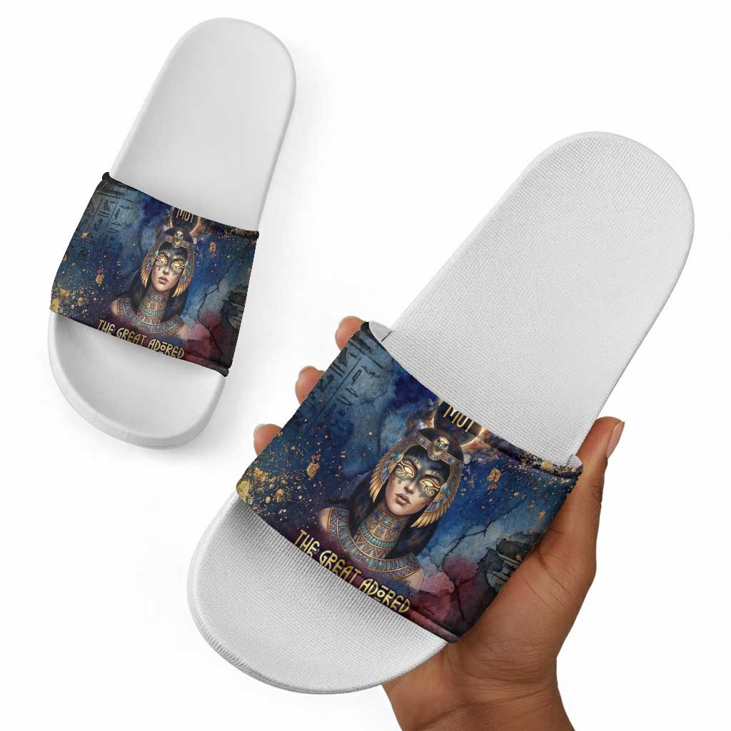 Mut Slide Sandals The Lioness of Thebes Egyptian Goddess Cosmic Crown Adorned Warrior Queen Design