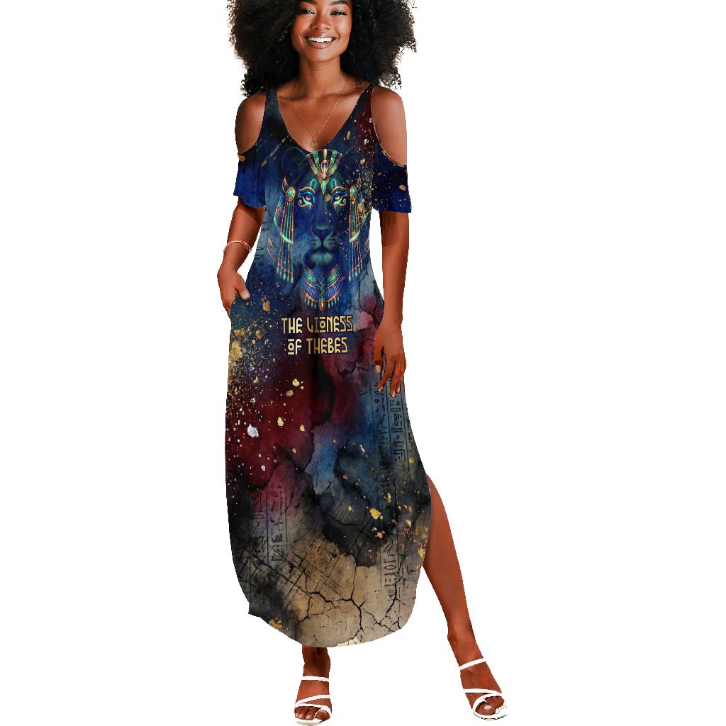 Mut Summer Maxi Dress The Lioness of Thebes Egyptian Goddess Cosmic Crown Adorned Warrior Queen Design
