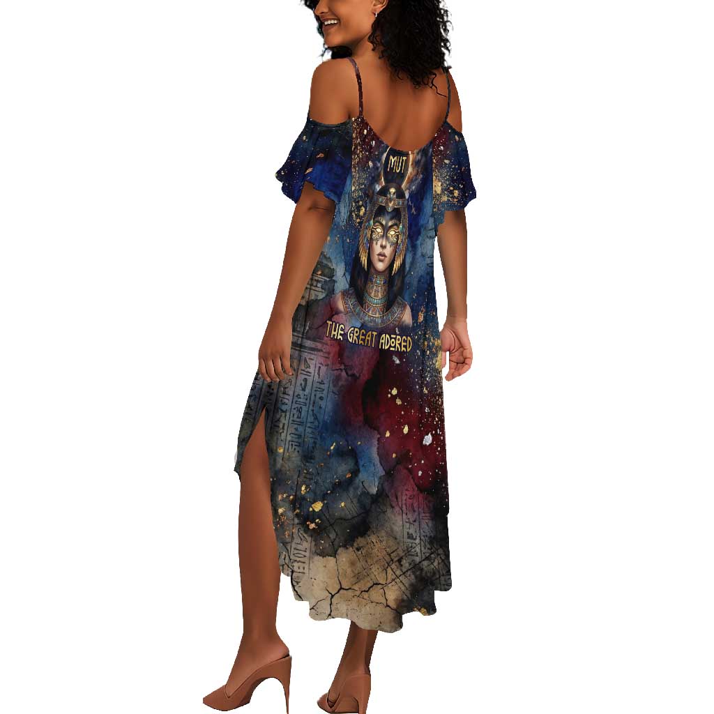 Mut Summer Maxi Dress The Lioness of Thebes Egyptian Goddess Cosmic Crown Adorned Warrior Queen Design