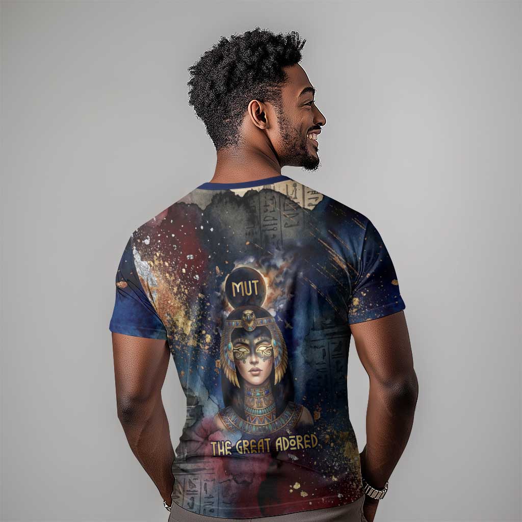 Mut T shirt The Lioness of Thebes Egyptian Goddess Cosmic Crown Adorned Warrior Queen Design