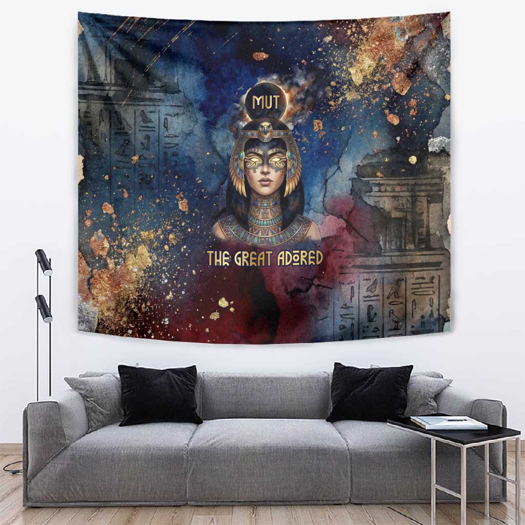 Mut Tapestry The Lioness of Thebes Egyptian Goddess Cosmic Crown Adorned Warrior Queen Design