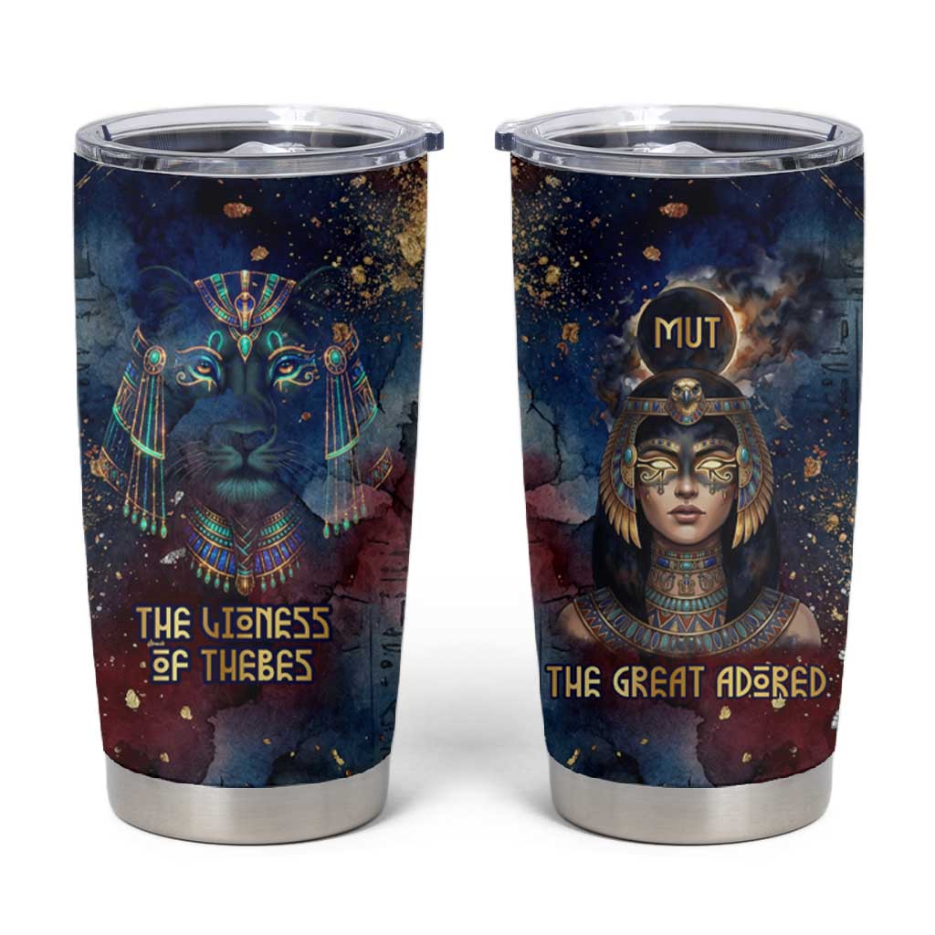 Mut Tumbler Cup The Lioness of Thebes Egyptian Goddess Cosmic Crown Adorned Warrior Queen Design