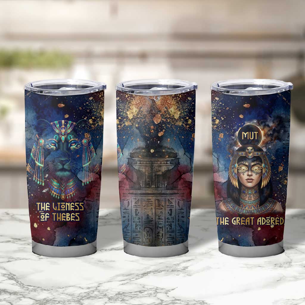 Mut Tumbler Cup The Lioness of Thebes Egyptian Goddess Cosmic Crown Adorned Warrior Queen Design