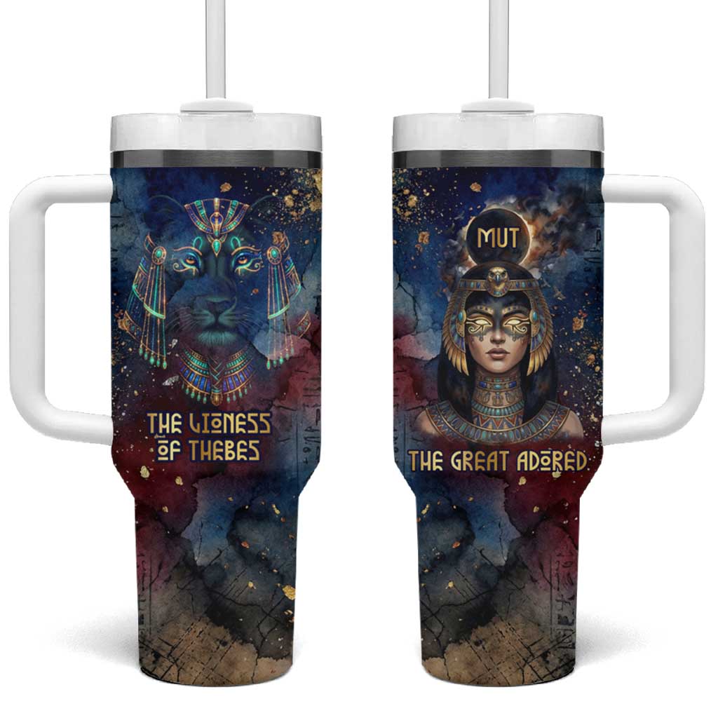 Mut Tumbler With Handle The Lioness of Thebes Egyptian Goddess Cosmic Crown Adorned Warrior Queen Design