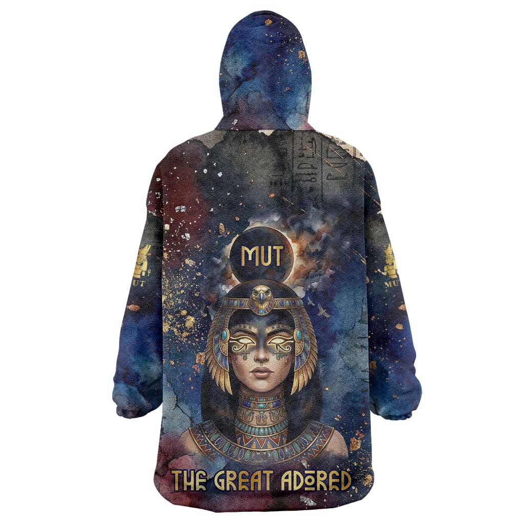 Mut Wearable Blanket Hoodie The Lioness of Thebes Egyptian Goddess Cosmic Crown Adorned Warrior Queen Design