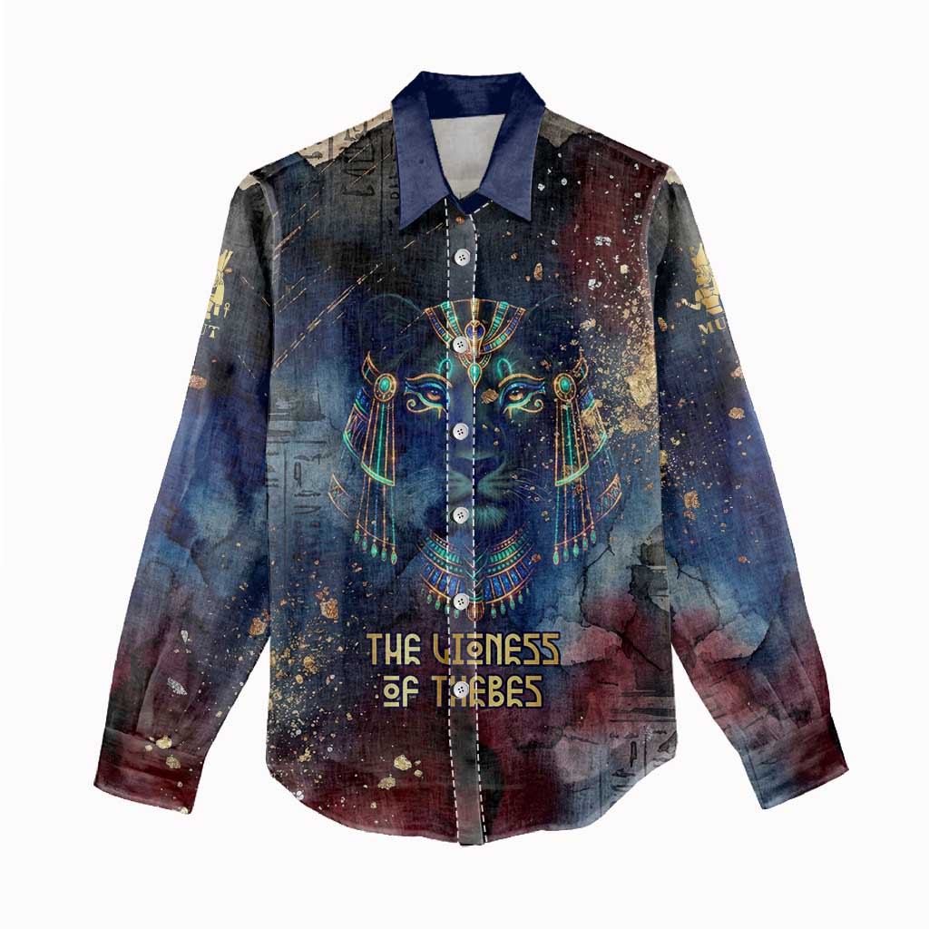 Mut Women Casual Shirt The Lioness of Thebes Egyptian Goddess Cosmic Crown Adorned Warrior Queen Design