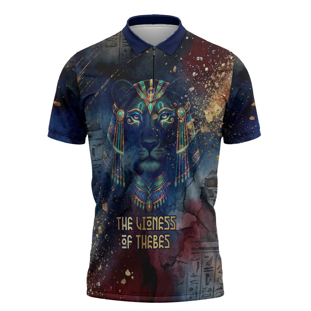 Mut Zipper Polo Shirt The Lioness of Thebes Egyptian Goddess Cosmic Crown Adorned Warrior Queen Design