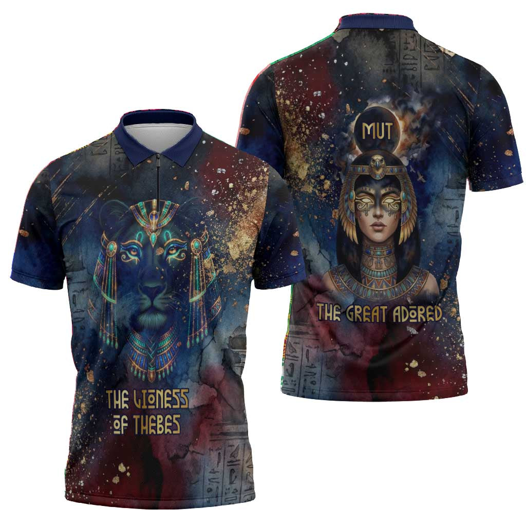 Mut Zipper Polo Shirt The Lioness of Thebes Egyptian Goddess Cosmic Crown Adorned Warrior Queen Design