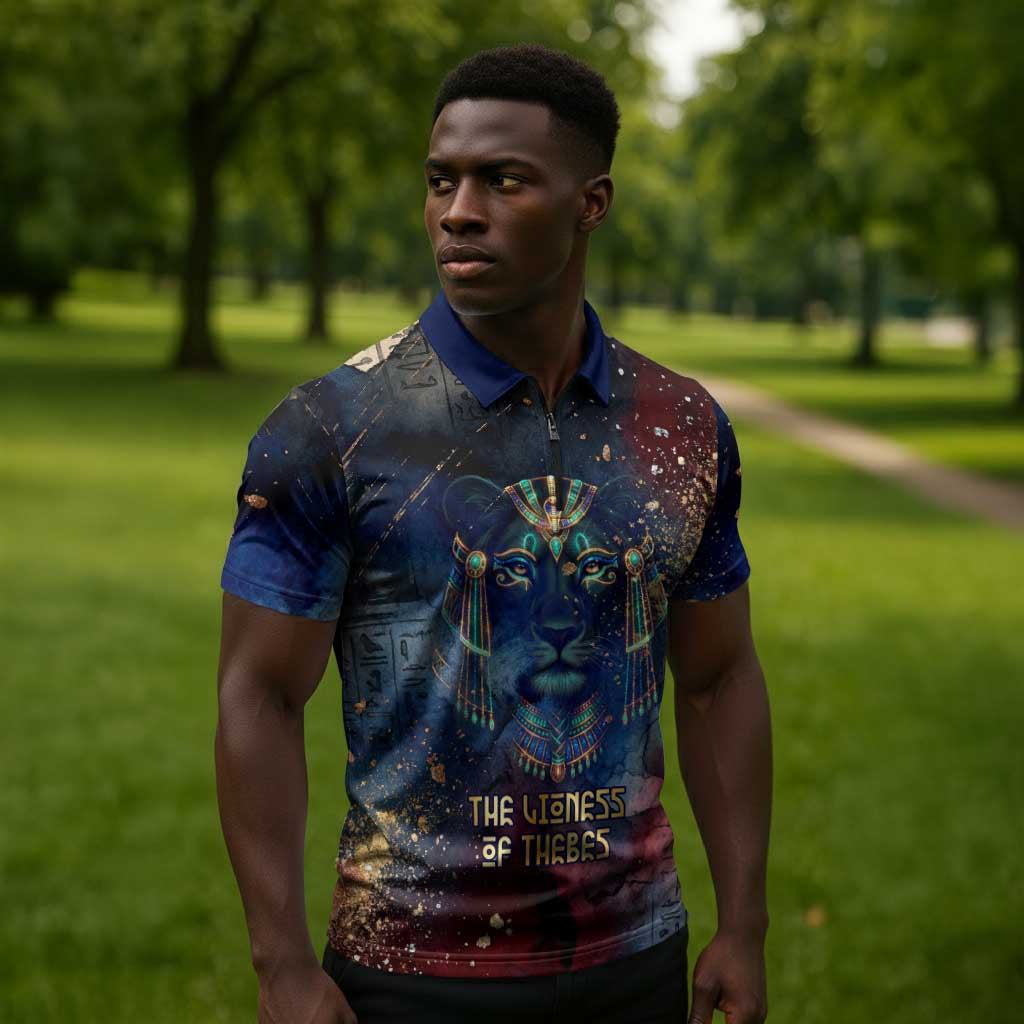 Mut Zipper Polo Shirt The Lioness of Thebes Egyptian Goddess Cosmic Crown Adorned Warrior Queen Design