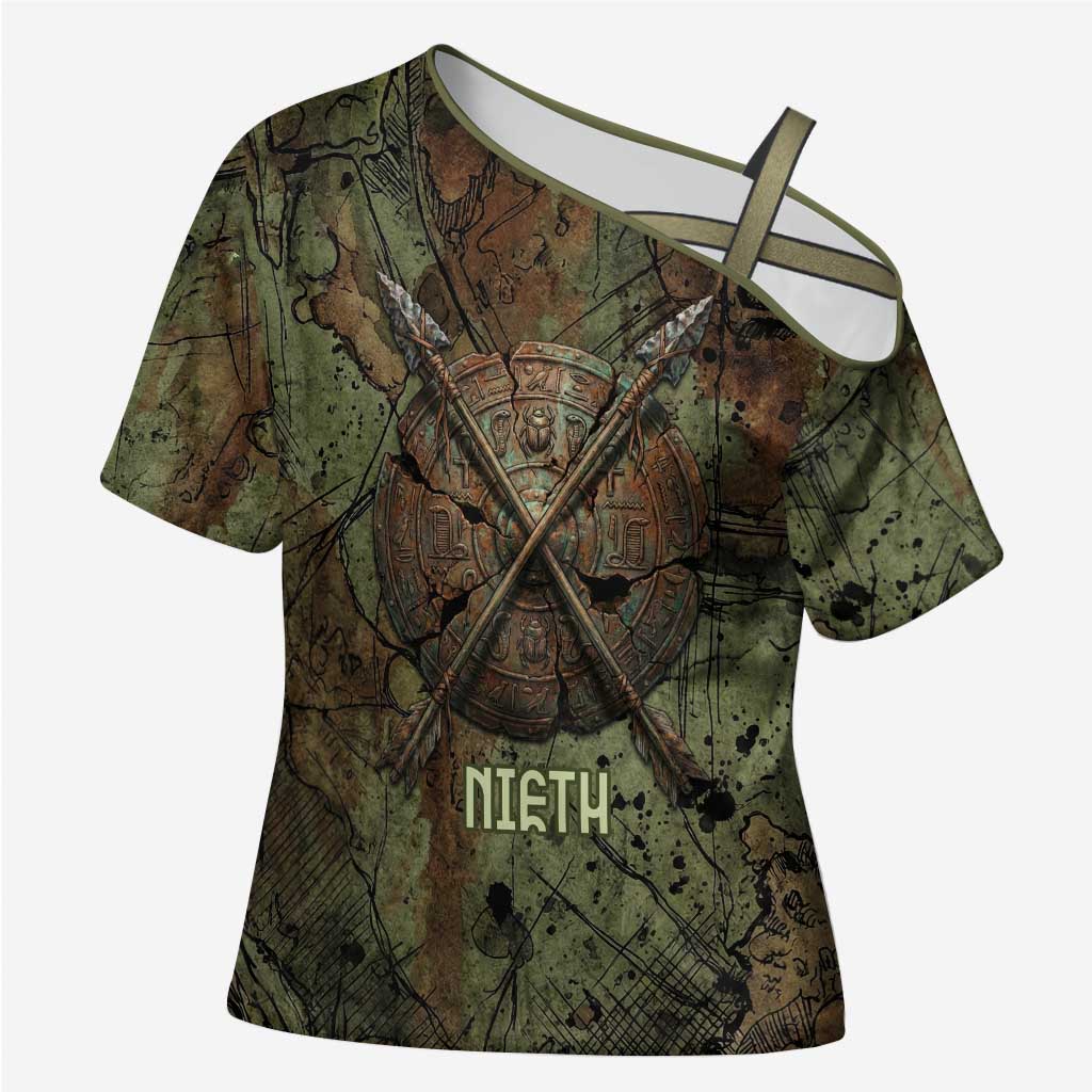 Neith Egyptian Cross Shoulder Shirt War Goddess Terrifying One Dual Spears and Shield Battle Worn