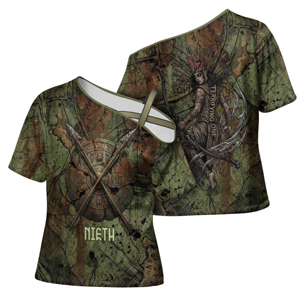 Neith Egyptian Cross Shoulder Shirt War Goddess Terrifying One Dual Spears and Shield Battle Worn