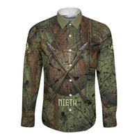 Neith Egyptian Long Sleeve Button Shirt War Goddess Terrifying One Dual Spears and Shield Battle Worn