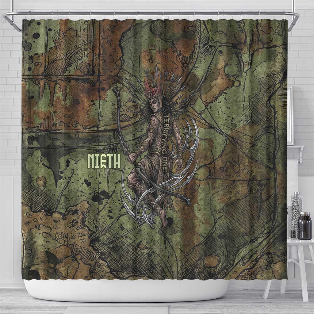 Neith Egyptian Shower Curtain War Goddess Terrifying One Dual Spears and Shield Battle Worn