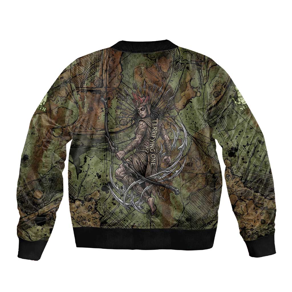 Neith Egyptian Sleeve Zip Bomber Jacket War Goddess Terrifying One Dual Spears and Shield Battle Worn
