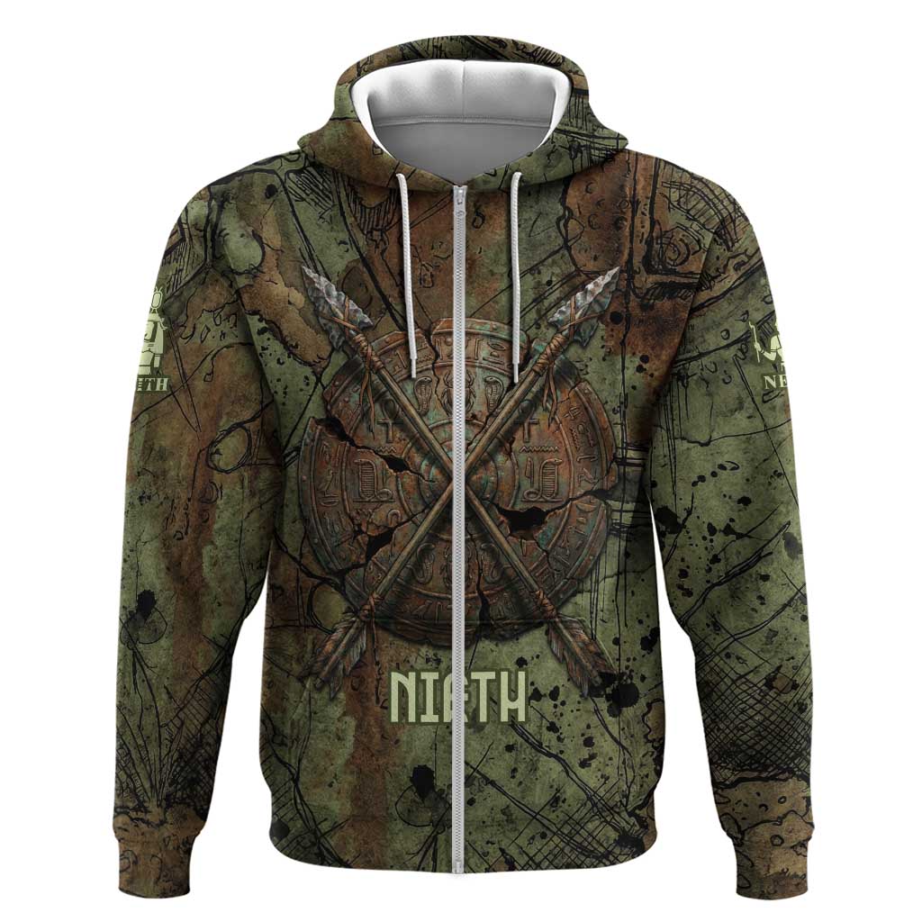 Neith Egyptian Zip Hoodie War Goddess Terrifying One Dual Spears and Shield Battle Worn