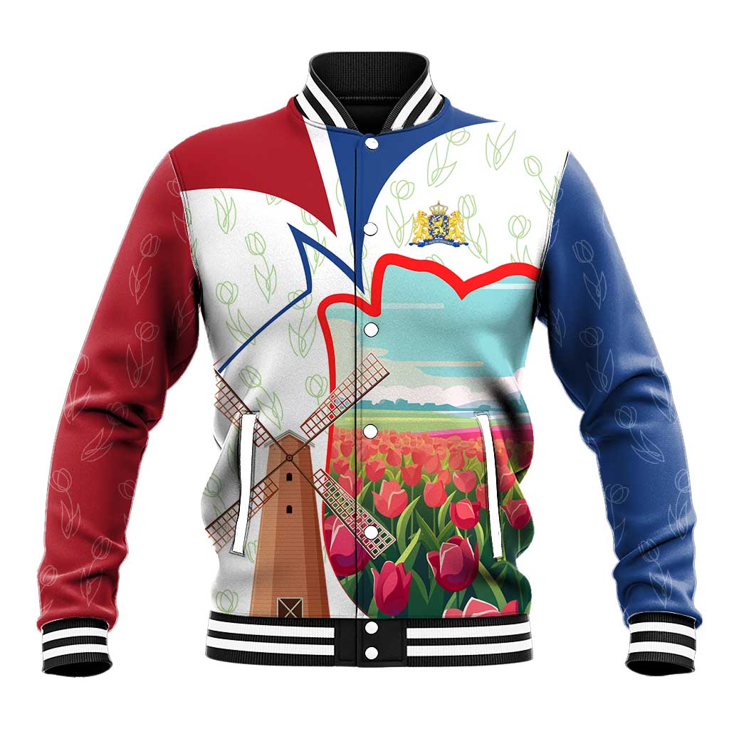 Netherlands Heritage Baseball Jacket with Tulips Windmill and Coat of Arms