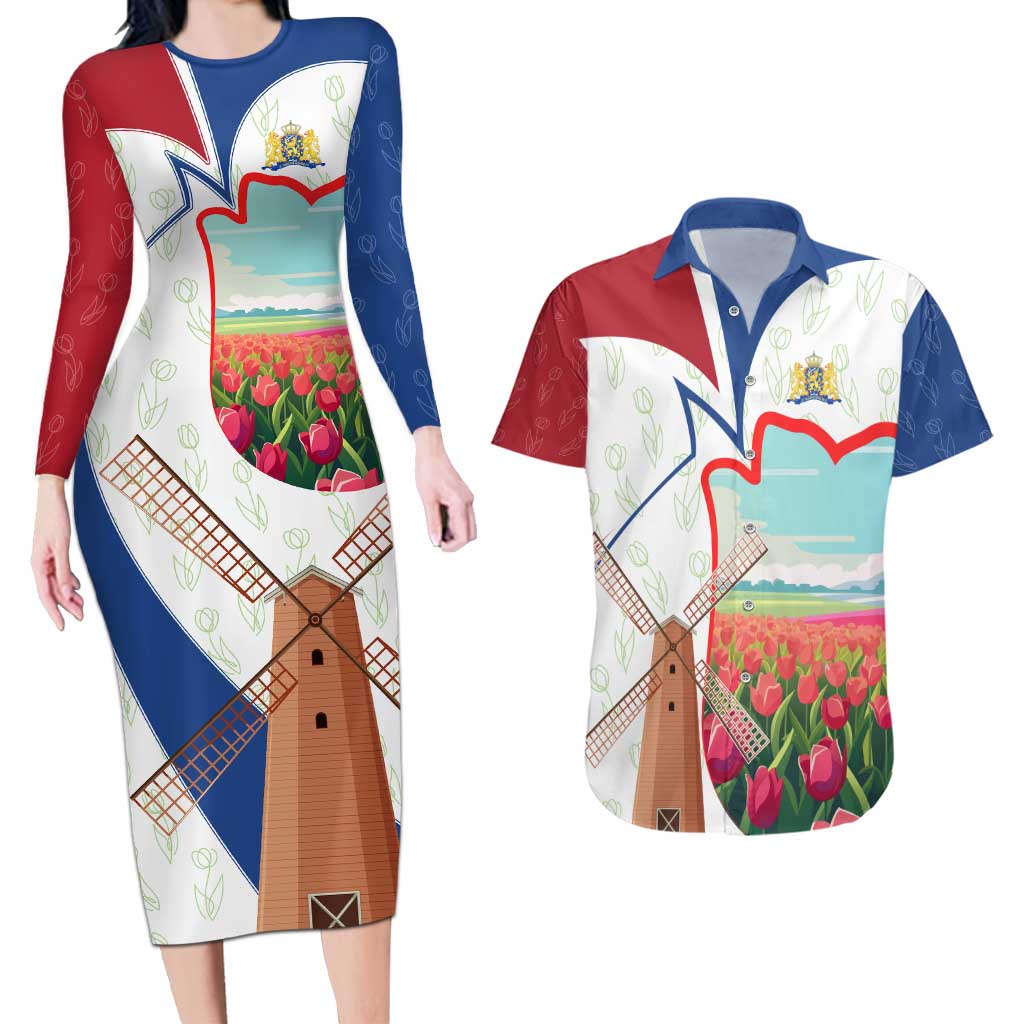 Netherlands Heritage Couples Matching Long Sleeve Bodycon Dress and Hawaiian Shirt with Tulips Windmill and Coat of Arms