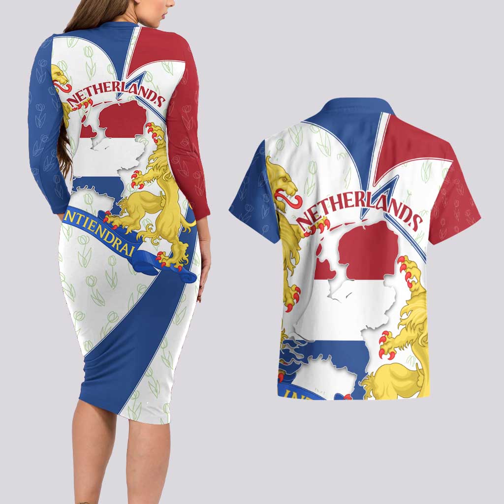 Netherlands Heritage Couples Matching Long Sleeve Bodycon Dress and Hawaiian Shirt with Tulips Windmill and Coat of Arms
