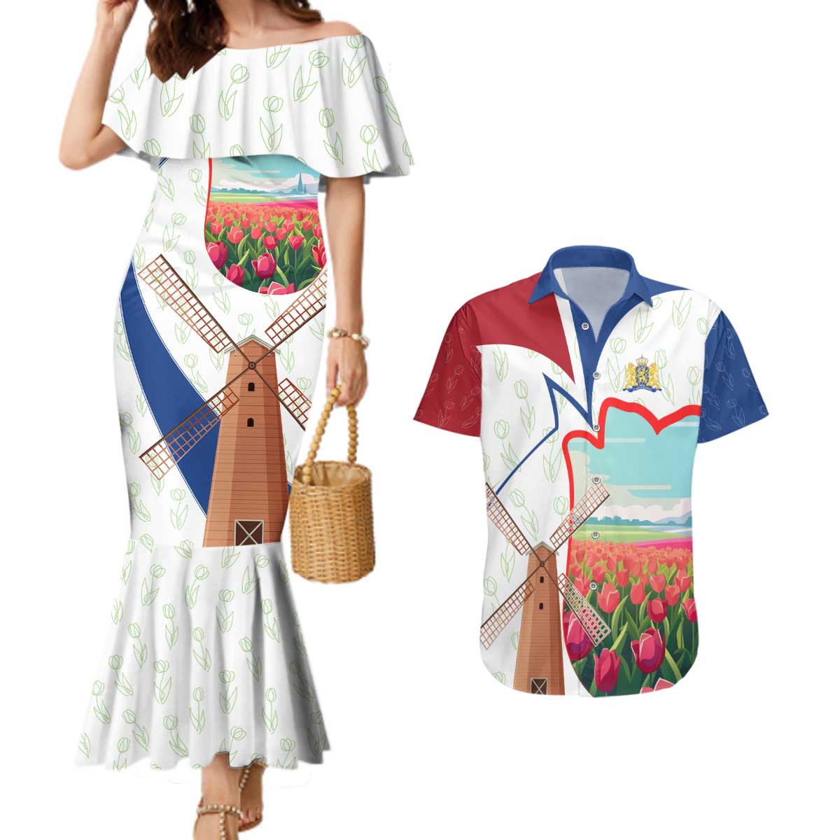 Netherlands Heritage Couples Matching Mermaid Dress and Hawaiian Shirt with Tulips Windmill and Coat of Arms