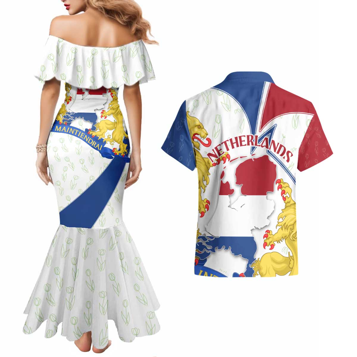 Netherlands Heritage Couples Matching Mermaid Dress and Hawaiian Shirt with Tulips Windmill and Coat of Arms