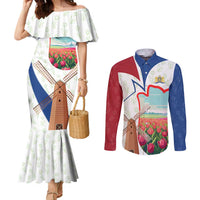 Netherlands Heritage Couples Matching Mermaid Dress and Long Sleeve Button Shirt with Tulips Windmill and Coat of Arms