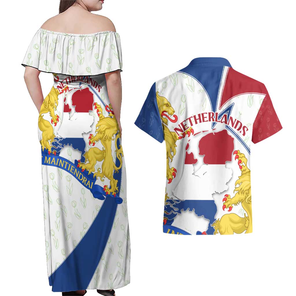 Netherlands Heritage Couples Matching Off Shoulder Maxi Dress and Hawaiian Shirt with Tulips Windmill and Coat of Arms