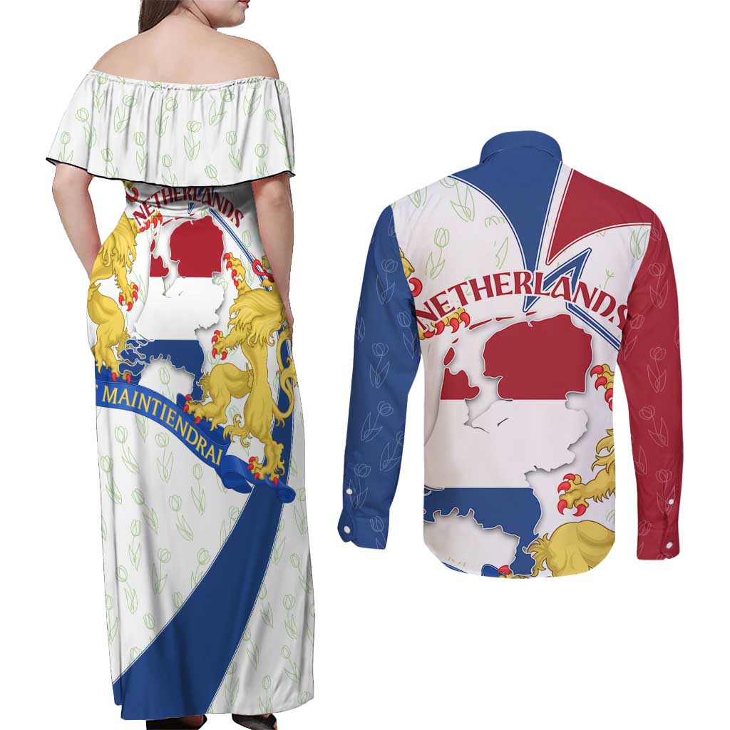 Netherlands Heritage Couples Matching Off Shoulder Maxi Dress and Long Sleeve Button Shirt with Tulips Windmill and Coat of Arms