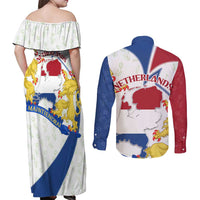 Netherlands Heritage Couples Matching Off Shoulder Maxi Dress and Long Sleeve Button Shirt with Tulips Windmill and Coat of Arms