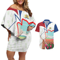 Netherlands Heritage Couples Matching Off Shoulder Short Dress and Hawaiian Shirt with Tulips Windmill and Coat of Arms