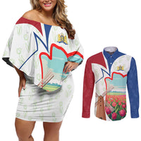 Netherlands Heritage Couples Matching Off Shoulder Short Dress and Long Sleeve Button Shirt with Tulips Windmill and Coat of Arms