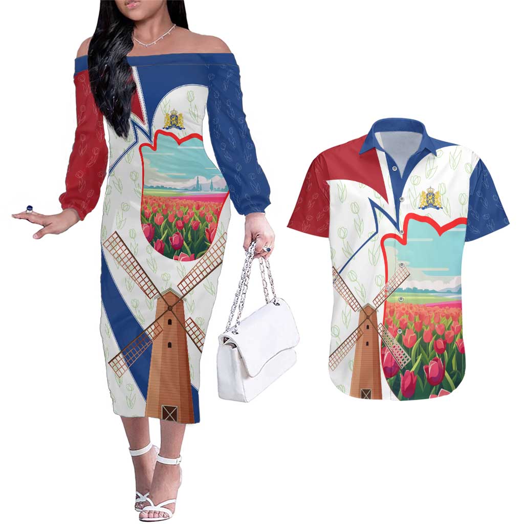 Netherlands Heritage Couples Matching Off The Shoulder Long Sleeve Dress and Hawaiian Shirt with Tulips Windmill and Coat of Arms