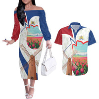 Netherlands Heritage Couples Matching Off The Shoulder Long Sleeve Dress and Hawaiian Shirt with Tulips Windmill and Coat of Arms