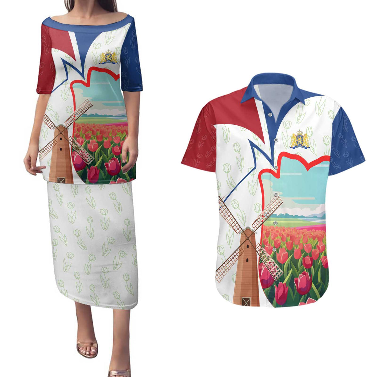Netherlands Heritage Couples Matching Puletasi and Hawaiian Shirt with Tulips Windmill and Coat of Arms