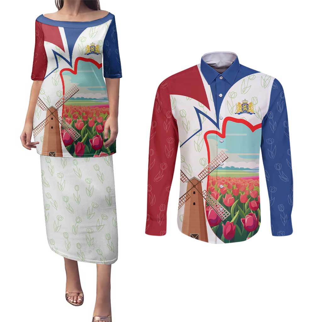 Netherlands Heritage Couples Matching Puletasi and Long Sleeve Button Shirt with Tulips Windmill and Coat of Arms